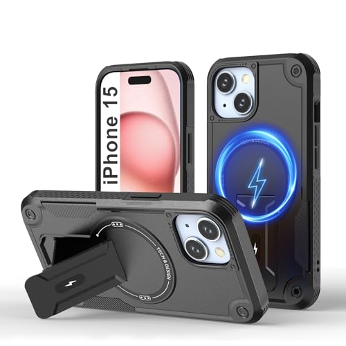 Tuvror Magnetisch Hülle für iPhone 15 mit Ständer, [Kompatibel mit MagSafe] Integrierter Ständer, Militärischer Fallschutz, Robuste Stoßfeste Handyhülle für iPhone 15, (Schwarz) von Tuvror