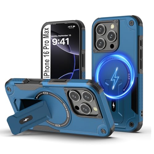 Tuvror Magnetisch Hülle für iPhone 16 Pro Max mit Ständer, [Kompatibel mit MagSafe] Integrierter Ständer, Militärischer Fallschutz, Robuste Stoßfeste Handyhülle für iPhone 16 Pro Max, (Blau) von Tuvror