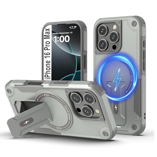 Tuvror Magnetisch Hülle für iPhone 16 Pro Max mit Ständer, [Kompatibel mit MagSafe] Integrierter Ständer, Militärischer Fallschutz, Robuste Stoßfeste Handyhülle für iPhone 16 Pro Max, (Grau) von Tuvror