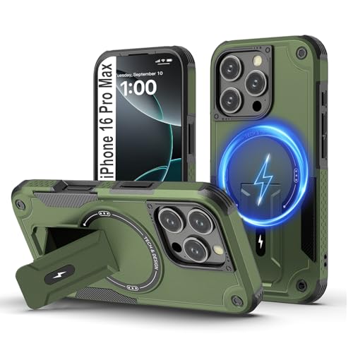 Tuvror Magnetisch Hülle für iPhone 16 Pro Max mit Ständer, [Kompatibel mit MagSafe] Integrierter Ständer, Militärischer Fallschutz, Robuste Stoßfeste Handyhülle für iPhone 16 Pro Max, (Grün) von Tuvror