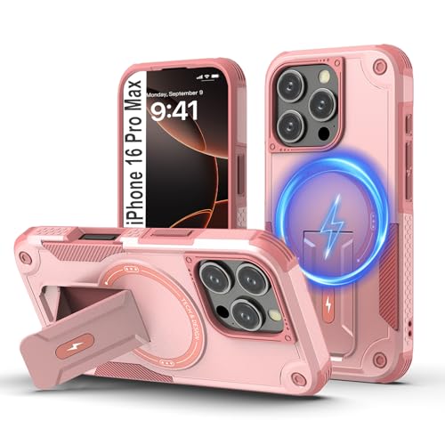Tuvror Magnetisch Hülle für iPhone 16 Pro Max mit Ständer, [Kompatibel mit MagSafe] Integrierter Ständer, Militärischer Fallschutz, Robuste Stoßfeste Handyhülle für iPhone 16 Pro Max, (Rosa) von Tuvror