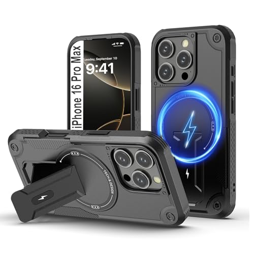 Tuvror Magnetisch Hülle für iPhone 16 Pro Max mit Ständer, [Kompatibel mit MagSafe] Integrierter Ständer, Militärischer Fallschutz, Robuste Stoßfeste Handyhülle für iPhone 16 Pro Max, (Schwarz) von Tuvror