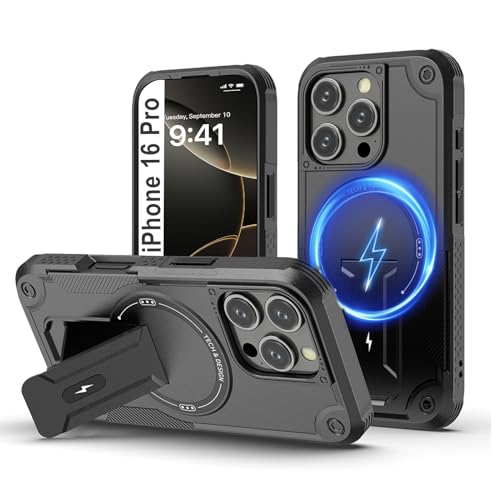 Tuvror Magnetisch Hülle für iPhone 16 Pro mit Ständer, [Kompatibel mit MagSafe] Integrierter Ständer, Militärischer Fallschutz, Robuste Stoßfeste Handyhülle für iPhone 16 Pro, (Schwarz) von Tuvror