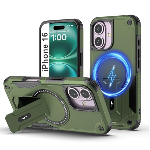 Tuvror Magnetisch Hülle für iPhone 16 mit Ständer, [Kompatibel mit MagSafe] Integrierter Ständer, Militärischer Fallschutz, Robuste Stoßfeste Handyhülle für iPhone 16, (Grün) von Tuvror