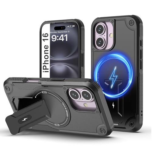Tuvror Magnetisch Hülle für iPhone 16 mit Ständer, [Kompatibel mit MagSafe] Integrierter Ständer, Militärischer Fallschutz, Robuste Stoßfeste Handyhülle für iPhone 16, (Schwarz) von Tuvror