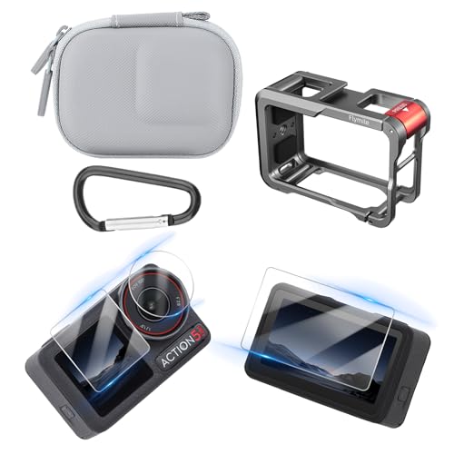 Kamerakäfig + gehärtete Folie für DJI OSMO Action 5 Pro, Metallschutz, Schutzkäfig kompatibel für DJI Mic, mit 1/4 Kaltschuh (5pro Käfig + graue Tasche + gehärtete Folie) von Tuvzylory