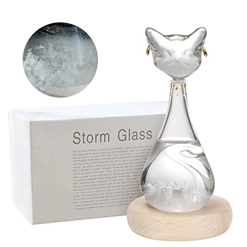 Sturmglas Wetterstation, Wettervorhersage-Flasche in Katzengestalt, Wetter Barometer Glas Tropfen mit Holzsockel, Wetterglas Sturm-Flasche, Originelles Geschenk für Damengeburtstage (Weiße Katze) von Tuzsocr