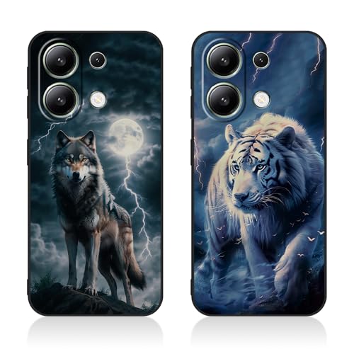 Tveinan 2 Pack Handyhülle für Xiaomi Redmi Note 13 4G(Nicht für 5G) Hülle, Schwarz Soft TPU Slim Case Ultra Dünn Silikon Schutzhülle Motiv Muster Weich Cover Stoßfest Hülle - Wolf & Weißer Tiger von Tveinan