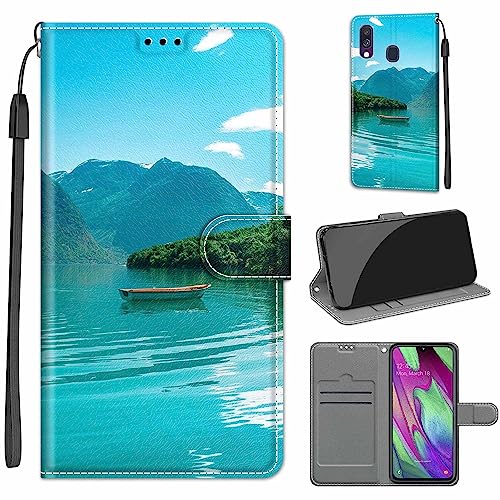 Tveinan Handyhülle für Samsung Galaxy A40 2019 Hülle, Flip Case PU Leder Klapphülle Stoßfeste Schutzhülle mit Standfunktion Kartenfach Motiv Tasche für Samsung A40 2019 Cover - Grüne Landschaft von Tveinan