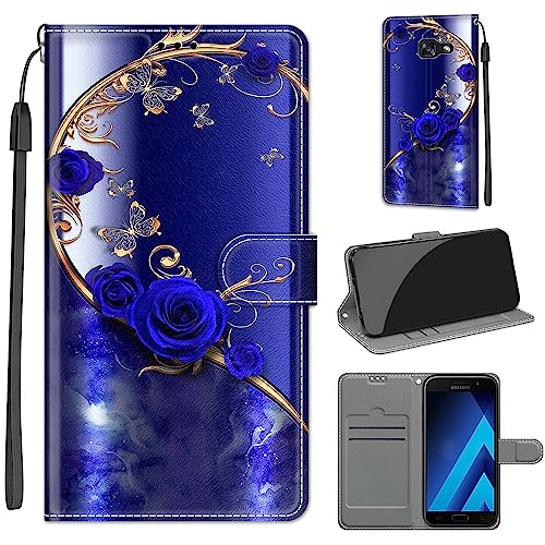 Tveinan Handyhülle für Samsung Galaxy A5 2017 Hülle, Flip Case PU Leder Klapphülle Stoßfeste Schutzhülle mit Standfunktion Kartenfach Motiv Tasche für Samsung A5 2017 Cover - Blaue Rose von Tveinan