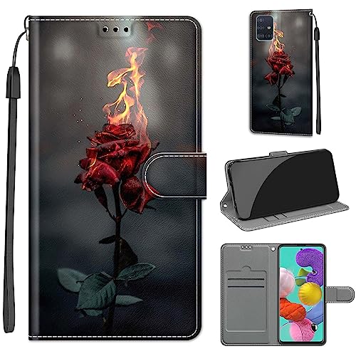 Tveinan Handyhülle für Samsung Galaxy A51 4G Hülle, Flip Case PU Leder Klapphülle Stoßfeste Schutzhülle mit Standfunktion Kartenfach Motiv Tasche für Samsung A51 4G Cover - Feuerrose B von Tveinan