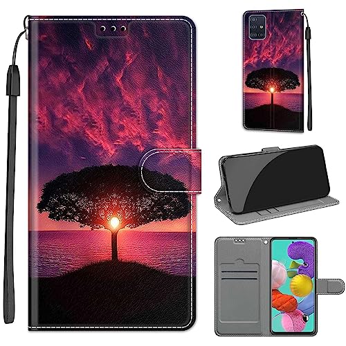 Tveinan Handyhülle für Samsung Galaxy A51 4G Hülle, Flip Case PU Leder Klapphülle Stoßfeste Schutzhülle mit Standfunktion Kartenfach Motiv Tasche für Samsung A51 4G Cover - Sonnenuntergang B von Tveinan