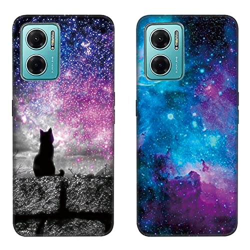 Tveinan Handyhülle für Xiaomi Redmi Note 11E / Xiaomi Redmi 10 5G, [2 Pack] Slim Cover TPU Silikon Stoßfest Schutzhülle für Xiaomi Redmi 10 5G Süß Muster Schwarz Case, Katzen Sternenhimmel von Tveinan