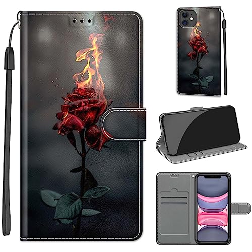 Tveinan Handyhülle für iPhone 11 Hülle, Flip Case PU Leder Klapphülle Stoßfeste Schutzhülle mit Standfunktion Kartenfach Motiv Tasche für iPhone 11 Cover - Feuerrose von Tveinan