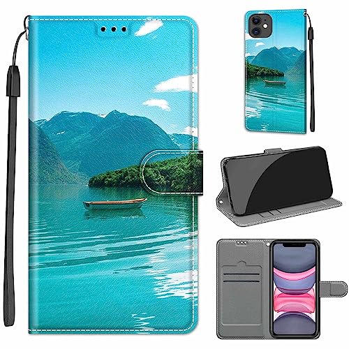 Tveinan Handyhülle für iPhone 11 Hülle, Flip Case PU Leder Klapphülle Stoßfeste Schutzhülle mit Standfunktion Kartenfach Motiv Tasche für iPhone 11 Cover - Grüne Landschaft von Tveinan