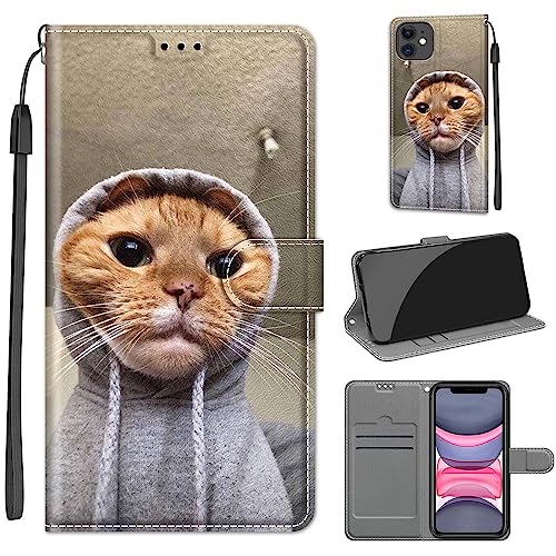 Tveinan Handyhülle für iPhone 11 Hülle, Flip Case PU Leder Klapphülle Stoßfeste Schutzhülle mit Standfunktion Kartenfach Motiv Tasche für iPhone 11 Cover - Orangefarbene Katze von Tveinan