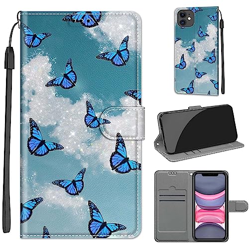 Tveinan Handyhülle für iPhone 11 Hülle, Flip Case PU Leder Klapphülle Stoßfeste Schutzhülle mit Standfunktion Kartenfach Motiv Tasche für iPhone 11 Cover - Wolken - Schmetterlinge von Tveinan