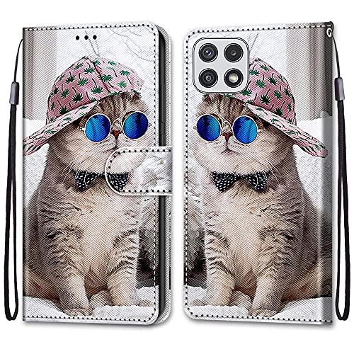 Tveinan Hülle Leder für Samsung Galaxy A22 5G Case, Muster Handyhülle, Handytasche mit 360 Grad Stoßfest Lederhülle Schutzhülle Motiv Flip Case Flexible Silikon Klapphülle Cover - Hut Katze von Tveinan