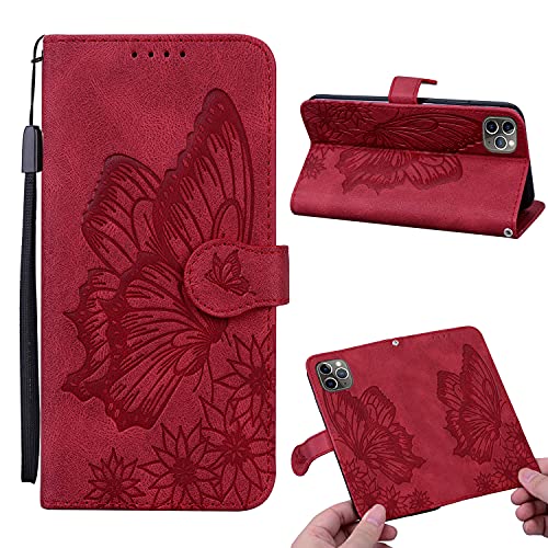 Tveinan Hülle Leder für iPhone 11 Pro (2019) 5.8 inch Handyhülle, Silikon Flip Case Cover für iPhone 11 Pro Lederhülle mit Stoßfest 360 Grad Tasche Schutzhülle Motiv Klapphülle - Roter Schmetterling von Tveinan