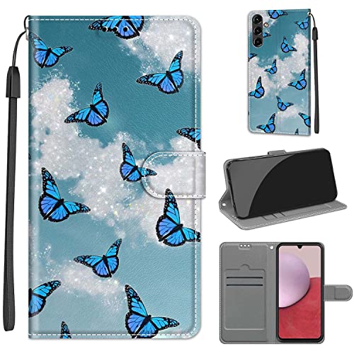 Tveinan Hülle für Samsung Galaxy A14 4G / 5G Handyhülle, PU Leder Tasche Kartensteckplätzen Klappar Klapphülle Schutzhülle Flip Case Cover mit Motiv für Samsung A14 4G / 5G - Himmel Schmetterling von Tveinan