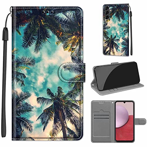 Tveinan Hülle für Samsung Galaxy A14 4G / 5G Handyhülle, PU Leder Tasche Kartensteckplätzen Klappar Klapphülle Schutzhülle Flip Case Cover mit Motiv für Samsung A14 4G / 5G - Kokosnussbaum von Tveinan