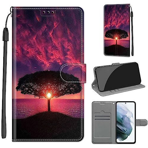 Tveinan Hülle für Samsung Galaxy S22 5G Handyhülle, PU Leder Flip Case Klapphülle Klappbar Tasche Schutzhülle Stoßfest Cover mit Motiv Kartenfach Standfunktion Hülle - Sonnenuntergang von Tveinan