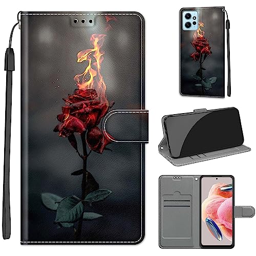 Tveinan Hülle für Xiaomi Redmi Note 12 4G Handyhülle, PU Leder Flip Case Klapphülle Klappbar Tasche Schutzhülle Stoßfest Cover mit Motiv Kartenfach Standfunktion für Redmi Note 12 4G Hülle - Feuerrose von Tveinan