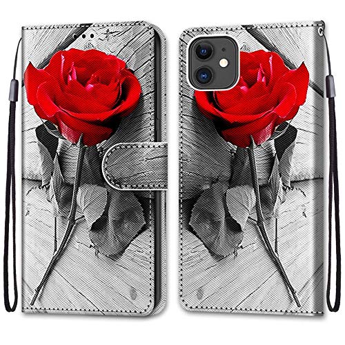 Tveinan Hülle für iPhone 11 (2019) 6.1-Inch Handyhülle, Muster Leder Klapphülle, Handytasche mit 360 Grad Stoßfest Lederhülle Schutzhülle Flip Case Silikon Motiv Cover, Mädchen - Rose von Tveinan