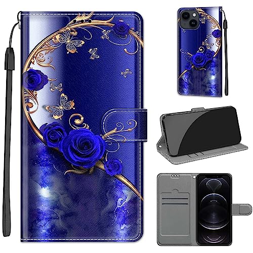 Tveinan Hülle für iPhone 13 / iPhone 14 Handyhülle, PU Leder Flip Case Klapphülle Klappbar Tasche Schutzhülle Stoßfest Cover mit Motiv Kartenfach für iPhone 13 / iPhone 14 Hülle - Blaue Rose von Tveinan