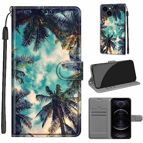 Tveinan Hülle für iPhone 13 / iPhone 14 Handyhülle, PU Leder Flip Case Klapphülle Klappbar Tasche Schutzhülle Stoßfest Cover mit Motiv Standfunktion für iPhone 13 / iPhone 14 Hülle - Kokosnussbaum von Tveinan