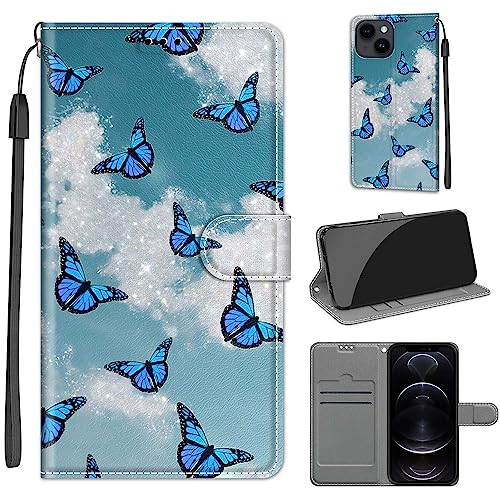 Tveinan Hülle für iPhone 13 / iPhone 14 Handyhülle, PU Leder Flip Case Klapphülle Klappbar Tasche Schutzhülle Stoßfest Cover mit Motiv für iPhone 13 / iPhone 14 Hülle - Wolken - Schmetterlinge von Tveinan