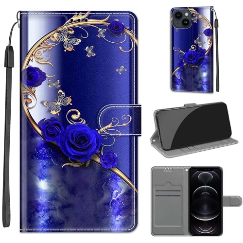 Tveinan Hülle für iPhone 15 Handyhülle PU Leder Flip Case Stoßfeste Klapphülle Schutzhülle mit Standfunktion Kartenfach Motiv Tasche für iPhone 15 - Blaue Rose von Tveinan