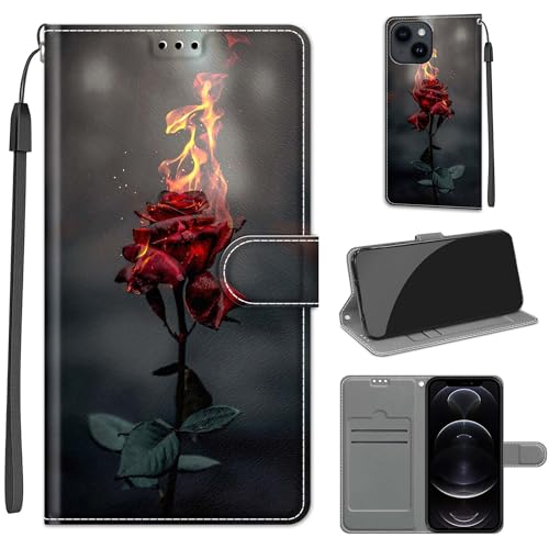 Tveinan Hülle für iPhone 15 Handyhülle PU Leder Flip Case Stoßfeste Klapphülle Schutzhülle mit Standfunktion Kartenfach Motiv Tasche für iPhone 15 - Feuerrose von Tveinan