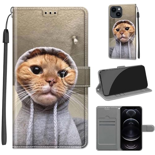 Tveinan Hülle für iPhone 15 Handyhülle PU Leder Flip Case Stoßfeste Klapphülle Schutzhülle mit Standfunktion Kartenfach Motiv Tasche für iPhone 15 - Orangefarbene Katze von Tveinan