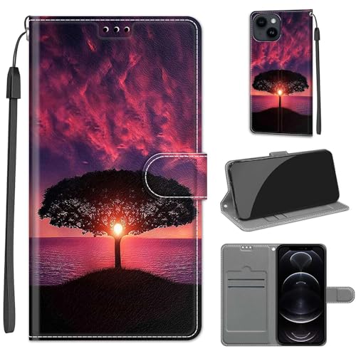 Tveinan Hülle für iPhone 15 Handyhülle PU Leder Flip Case Stoßfeste Klapphülle Schutzhülle mit Standfunktion Kartenfach Motiv Tasche für iPhone 15 - Sonnenuntergang von Tveinan