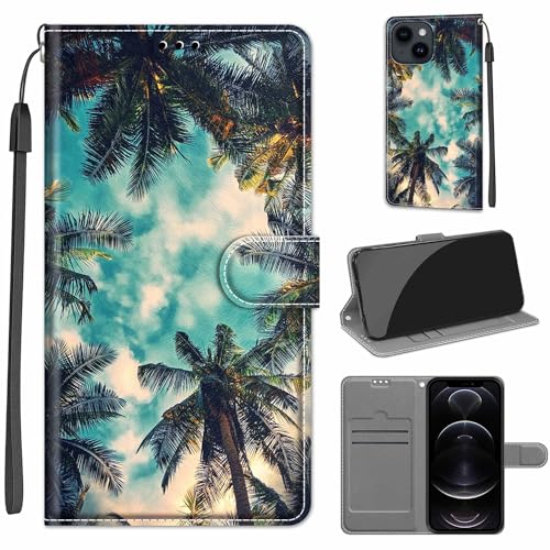 Tveinan Hülle für iPhone 15 Plus Handyhülle PU Leder Flip Case Stoßfeste Klapphülle Schutzhülle mit Standfunktion Kartenfach Motiv Tasche für iPhone 15 Plus - Kokosnussbaum von Tveinan