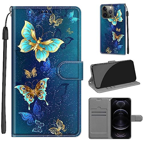 Tveinan Hülle für iPhone 15 Pro Handyhülle PU Leder Flip Case Stoßfeste Klapphülle Schutzhülle mit Standfunktion Kartenfach Motiv Tasche für iPhone 15 Pro - Grüner Schmetterling von Tveinan