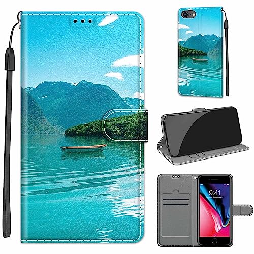 Tveinan Hülle für iPhone 7/8 / iPhone SE 2020 / SE 2022 5G Handyhülle, PU Leder Flip Case Klapphülle Klappbar Tasche Schutzhülle Cover mit Motiv Kartenfach Standfunktion Hülle - Grüne Landschaft von Tveinan