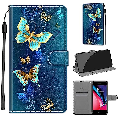 Tveinan Hülle für iPhone 7/8 / iPhone SE 2020 / SE 2022 5G Handyhülle, PU Leder Flip Case Klapphülle Klappbar Tasche Schutzhülle Cover mit Motiv Kartenfach Standfunktion Hülle - Grüner Schmetterling von Tveinan