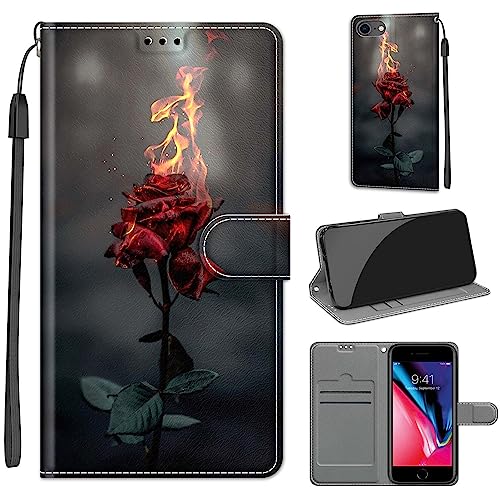 Tveinan Hülle für iPhone 7/8 / iPhone SE 2020 / SE 2022 5G Handyhülle, PU Leder Flip Case Klapphülle Klappbar Tasche Schutzhülle Stoßfest Cover mit Motiv Kartenfach Standfunktion Hülle - Feuerrose von Tveinan