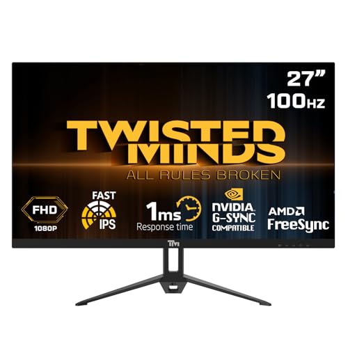 Twisted Minds 27 Zoll Display schneller IPS Gaming Monitor - 1920 x 1080 FHD-Auflösung 100 Hz Bildwiederholfrequenz 16:9 Seitenverhältnis, 1 ms Reaktionszeit - Schwarz (TM27FHD100IPS) von Twisted Minds