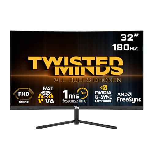 Twisted Minds 32 Zoll Display schneller VA Gaming Monitor - 1920 x 1080 FHD-Auflösung 180 Hz Bildwiederholfrequenz 16:9 Seitenverhältnis, 1 ms Reaktionszeit - Schwarz (TM32CFHD180VA) von Twisted Minds
