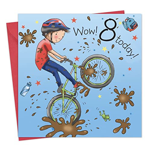 Geburtstagskarte von Twizler, zum 8. Geburtstag, Motiv: Junge mit Fahrrad. von Twizler