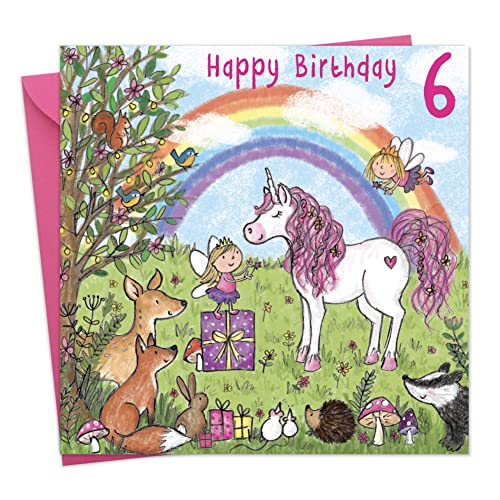 Twizler, Geburtstagskarte zum sechsten Geburtstag, mit magischem Einhorn, Feen, Regenbogen und Glitzer von Twizler