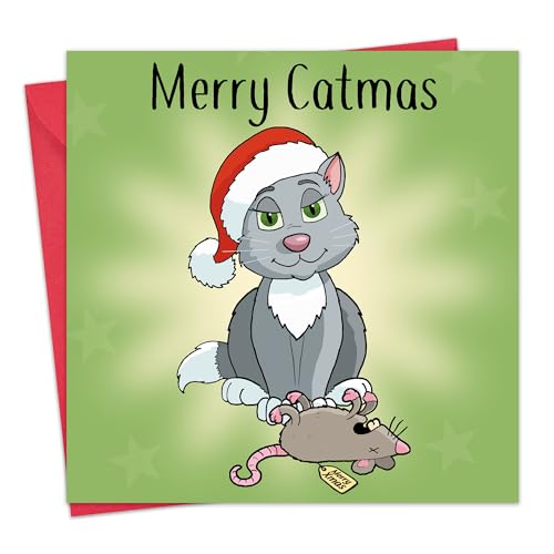 Twizler Frohe Weihnachtskarte mit Merry Catmas - Lustige Weihnachtskarte - Weihnachtskarte - Happy Christmas Karte - Damen Weihnachtskarte - Herren Weihnachtskarte von Twizler