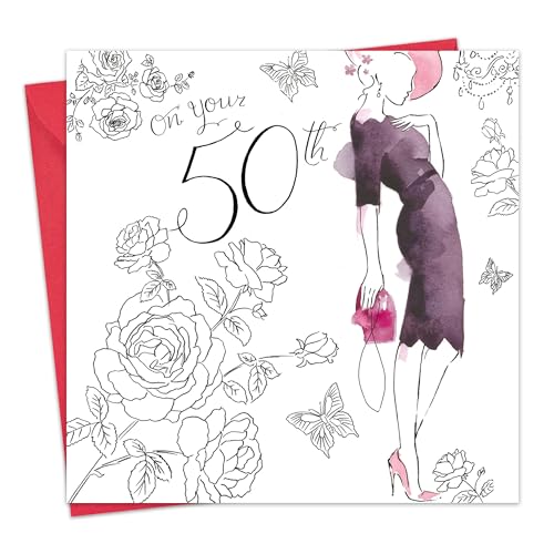 Twizler Geburtstagskarte, für Damen, zum 50. Geburtstag, mit Swarovski-Kristallen besetzt, silberfoliert, Aquarell-Effekt, Motiv Cocktailkleid von Twizler