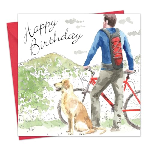 Twizler Geburtstagskarte für Herren, grün und silberfarben foliert, einzigartiger Aquarell-Effekt, Motiv: Hund und Fahrrad von Twizler