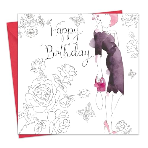 Twizler Geburtstagskarte für Sie mit Swarovski Kristall Finish, Silberfolie & Einzigartiger Aquarell-Effekt – Cocktailkleid – weibliche Geburtstagskarte – Damen Geburtstagskarte von Twizler