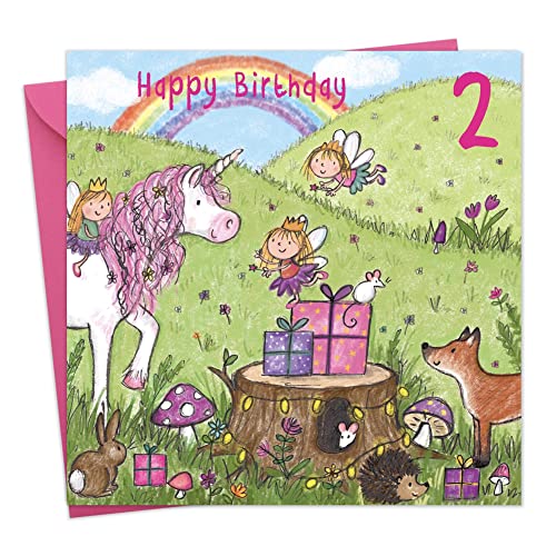 Twizler Geburtstagskarte zum 2. Geburtstag für Mädchen mit magischem Einhorn, Feen, Regenbogen und Glitzer – 2 Jahre alt – Alter 2 – Kinder-Geburtstagskarte – Geburtstagskarte für Mädchen von Twizler
