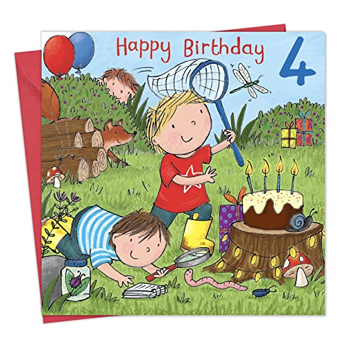 Twizler Geburtstagskarte zum 4. Geburtstag, für Jungen, Motiv mit Kuchen, Fuchs, Geschenken und Glitzer, Kinder-Geburtstag, Alter: 4 von Twizler